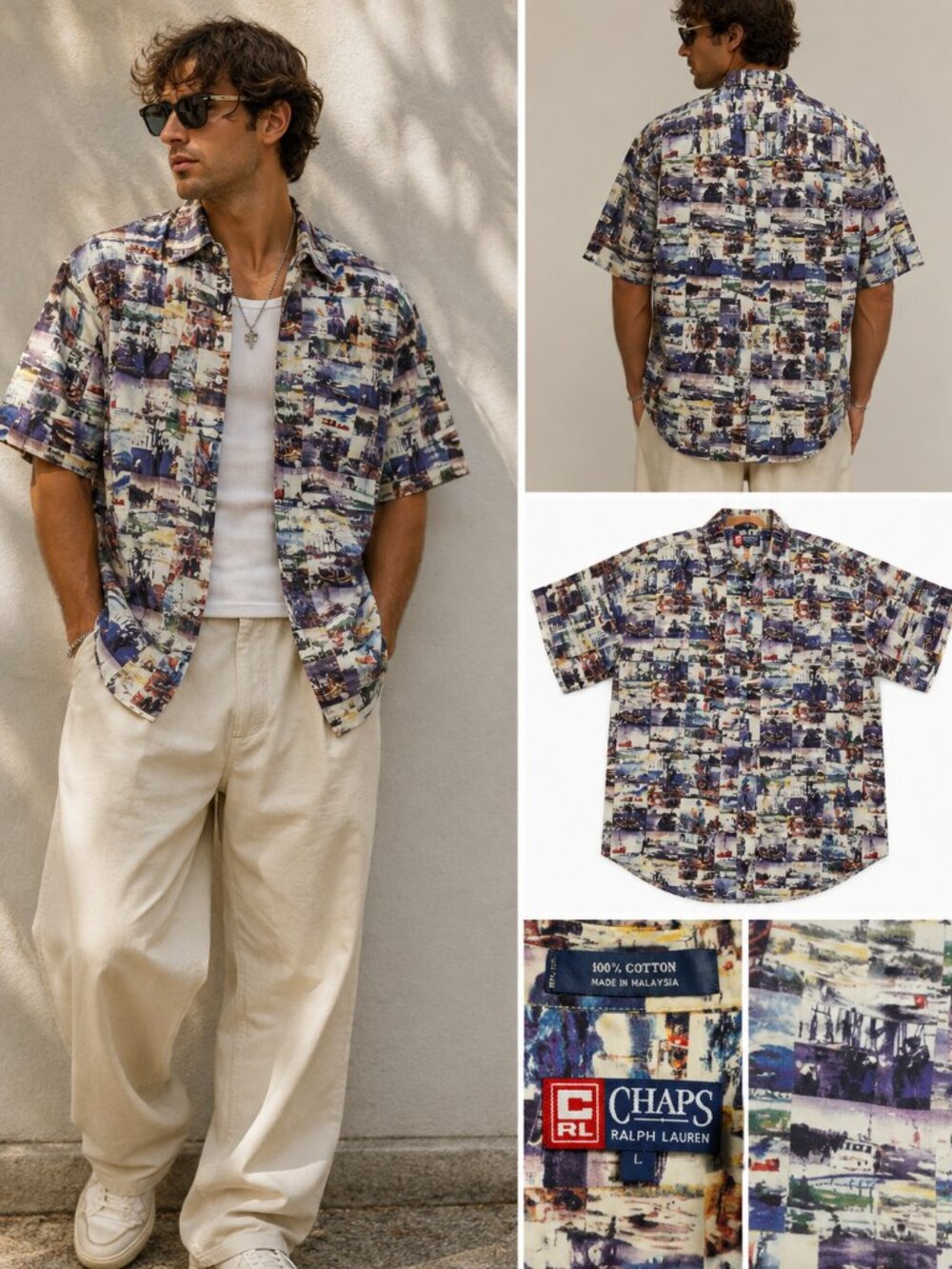 Retro 90s CHAPS Ralph Lauren Multi-Color Patchwork Boat Print Shirt Size L
